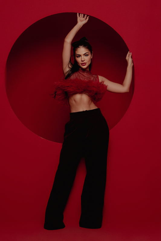 Cropped cravejado com plumas